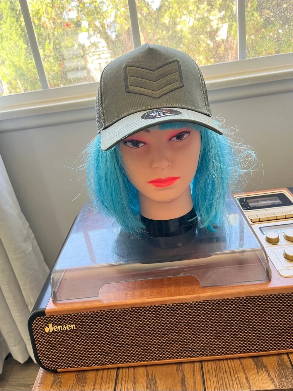 Olive Green Mesh Trucker Cap with Embroidered Chevron Patch